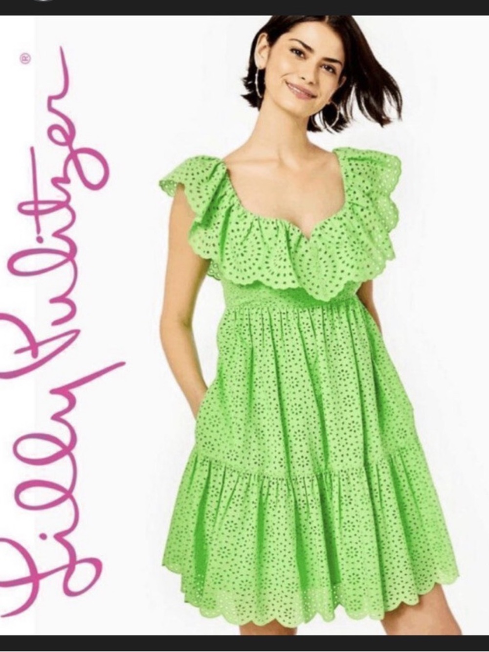 Lilly Pulitzer Bright Green Eyelet Ruffle Tiered Tunic
